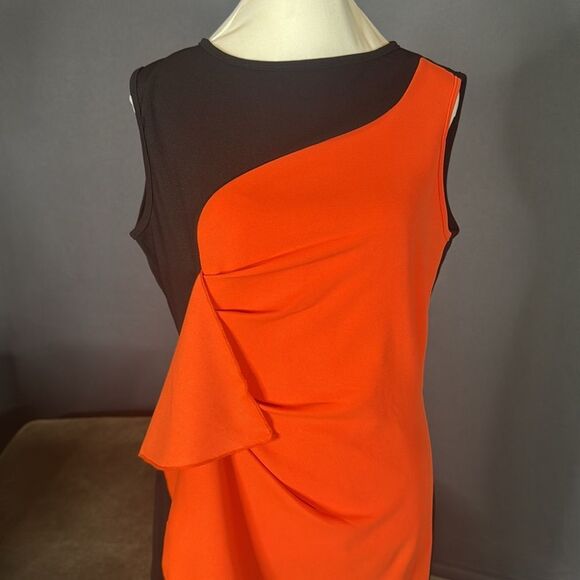 Women’s Black & Orange Asymmetrical Ruffled Front Midi Dress Zip Up Back Size M - Picture 2 of 13